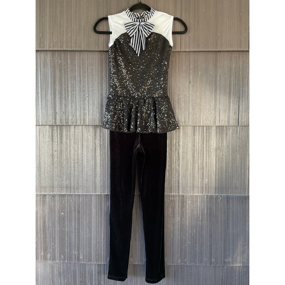 🔥Revolution Sequins Bow Neck Black White Velvet Pants Glam Dance Costume Size LC